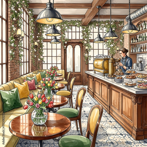 Cozy Spring Cafe Interior with People Drinking Coffee and Vibrant Tulips - Lifestyle Illustration