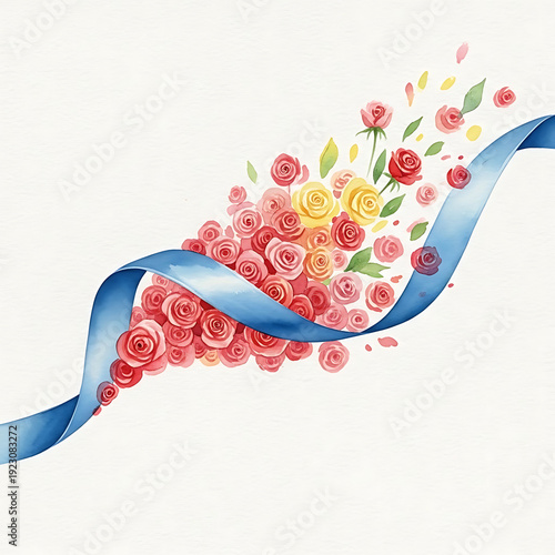Elegant Watercolor Red Ribbon with Floating Roses Bouquet - Romantic Celebration Design Element