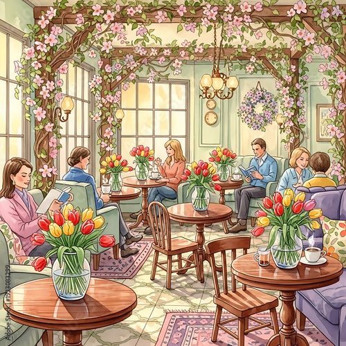 Cozy Spring Cafe Interior with People Drinking Coffee and Vibrant Tulips - Lifestyle Illustration