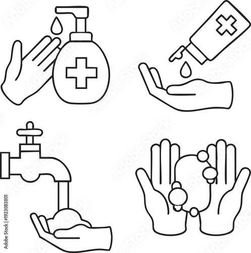 Hand hygiene icons set of vector illustrations for washing hands with soap sanitizer and water representing cleanliness and health protection
