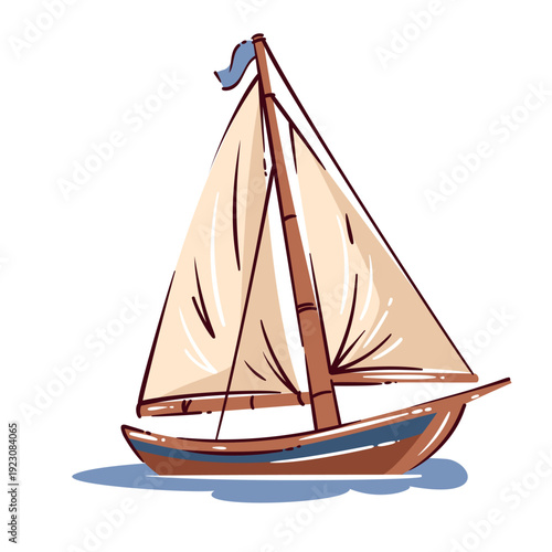 Sailboat with beige sails and wooden hull floating on water in coastal summer theme. Sailboat illustrated in bold doodle cartoon style vector illustration.