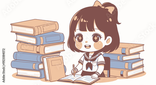 Focused young schoolgirl in uniform immersed in her studies with many books, representing dedication to education and knowledge acquisition for a bright future