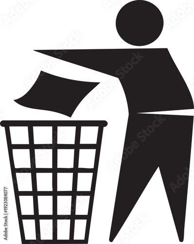 Simple pictogram of a person throwing paper into a trash can a clean vector symbol for recycling and waste disposal isolated on white