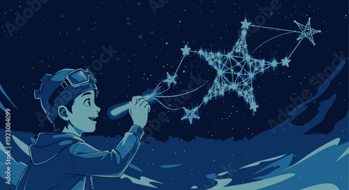 Young boy's imaginative whisk of light crafting a dazzling star constellation in the night sky with a glowing wand, realizing his celestial dreams