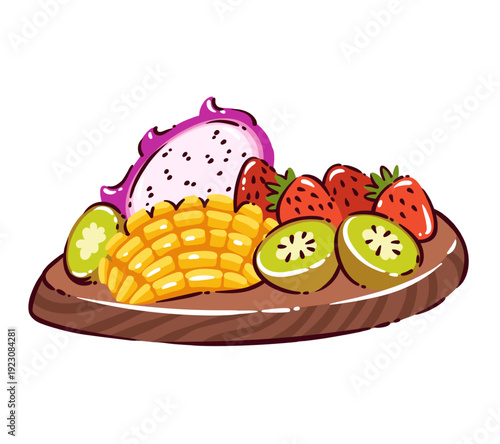 Tropical fruit bowl with dragon fruit, mango slices, kiwi halves and strawberries arranged on wooden plate. Fresh summer fruits in bold doodle cartoon style vector illustration.