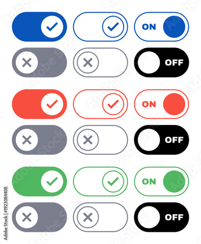 Vector set of assorted color toggle switches in filled and outlined styles with check and cross icons, including ON and OFF versions.
