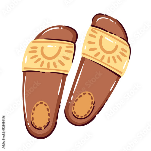 Summer slides sandals with brown sole and yellow strap decorated with sun pattern. Casual beach footwear in bold doodle cartoon style vector illustration.