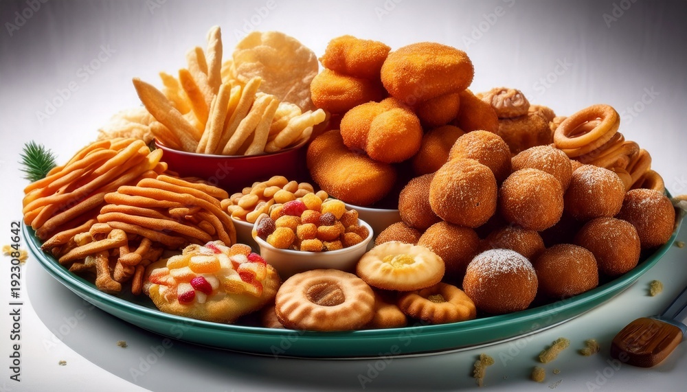 Fototapeta premium A Colorful Assortment Of Sugary Snacks And Fried Treats Piled High On A Table Savory Fried