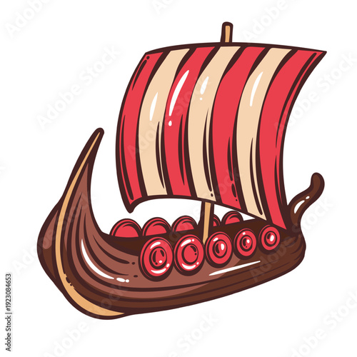 Viking longship with carved dragon prow, round shields along hull and striped sail, traditional drakkar war ship from norse seafaring culture. Vintage engraving line vector illustration.