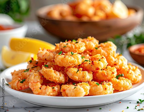 Golden Fried Shrimp Pile On White Plate With Lemon Slices And Wooden Bowl Of Shrimp In Background