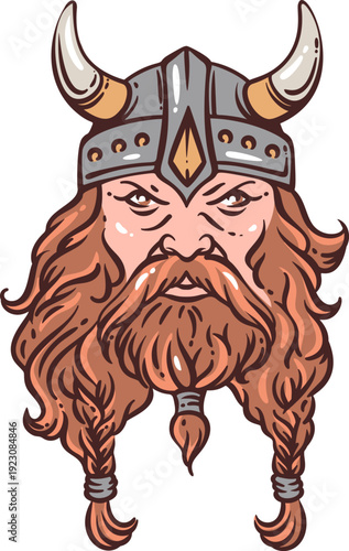 Viking warrior portrait with horned helmet, long braided beard and stern expression, detailed face of norse fighter and raider leader. Vintage engraving line Viking warrior vector illustration.