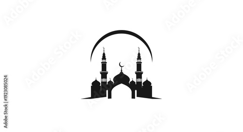 Black silhouette of a traditional mosque with minarets and a crescent moon arch, symbolizing Islamic worship and peace on an isolated white background.