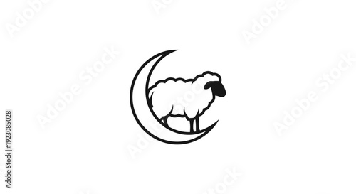 Stylized black silhouette of a sheep or ram standing on a crescent moon, symbolizing Eid al-Adha and Qurban sacrifice on an isolated white background.