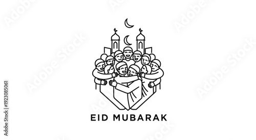 United Muslim community celebrating Eid Mubarak with a mosque and crescent moon, symbolizing peace and togetherness on an isolated white background.