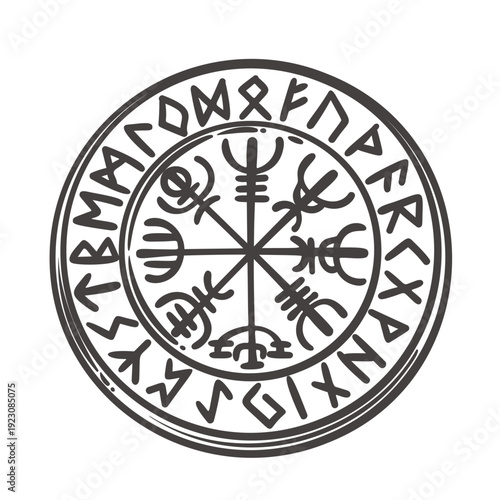 Vegvisir Viking compass with runic circle and magical stave symbols, ancient Norse navigation sign of guidance and protection. Vegvisir Viking compass in monochrome engraving style vector illustration
