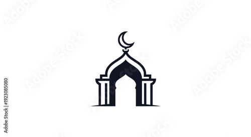 Stylized black mosque archway with a dome and crescent moon, symbolizing Islamic worship and culture on an isolated white background.