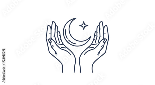 Caring hands holding a crescent moon and star, symbolizing prayer and hope on an isolated white background.