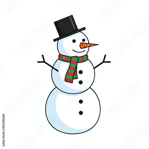 Friendly Snowman with Top Hat and Scarf