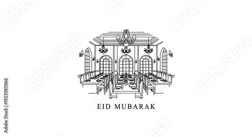 Grand Mosque Interior or Palace Architecture with Chandeliers, Eid Mubarak Celebration Scene on isolated white background