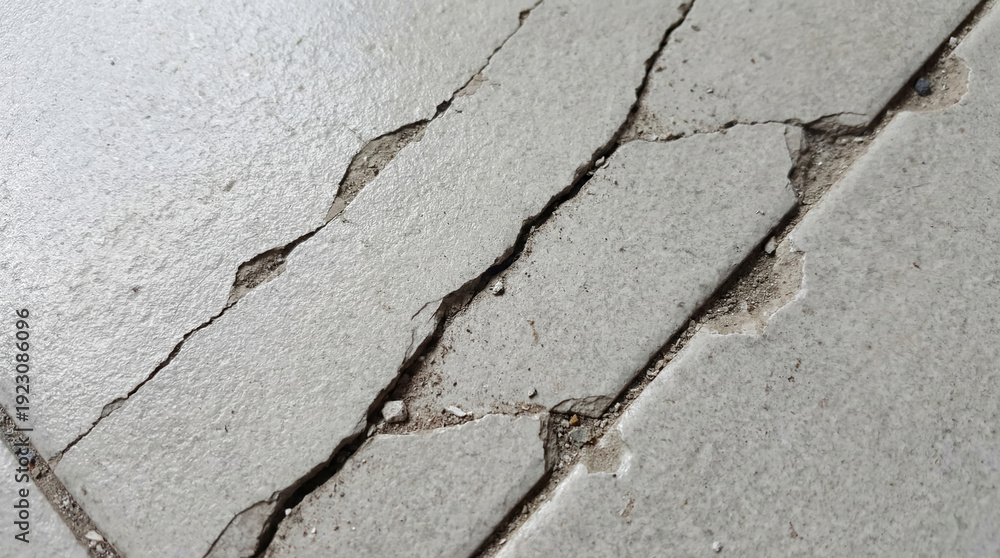 Fototapeta premium Cracked ceramic tile floor showing damage and wear