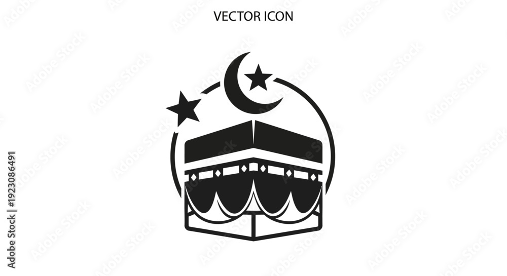 Fototapeta premium Kaaba Mecca Vector Icon with Crescent Moon and Stars, Islamic Holy Site and Pilgrimage Symbol, Isolated White Background