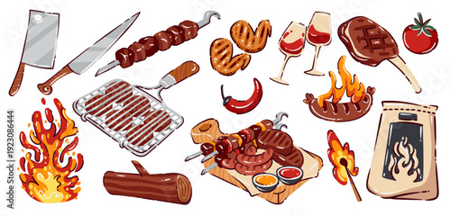 BBQ grill set with steaks, sausages, skewers, chicken wings, cleaver, knife, grill rack and fire flames. BBQ grill set in bold cartoon style for menu, packaging and branding. Vector illustration.