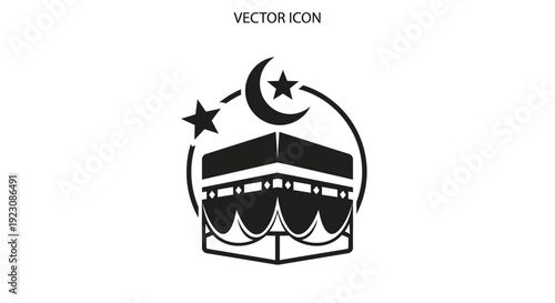 Kaaba Mecca Vector Icon with Crescent Moon and Stars, Islamic Holy Site and Pilgrimage Symbol, Isolated White Background