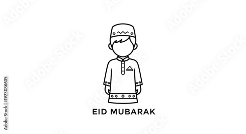 Young Muslim boy wearing traditional thobe and kufi hat for Eid Mubarak celebration on isolated white background.