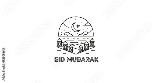 Serene Islamic village cityscape under crescent moon and star for Eid Mubarak celebration on isolated white background.