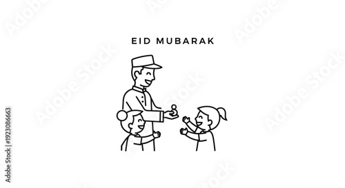 Happy Muslim Man Giving Eidi Money to Cheerful Children for Eid Mubarak Celebration, Outline Sketch on Isolated White Background