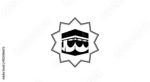 Kaaba Mecca within Geometric Islamic Star Frame Icon for Hajj and Umrah, isolated white background.