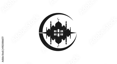 Silhouette Islamic Mosque and Crescent Moon Icon for Religious Occasion, isolated white background.