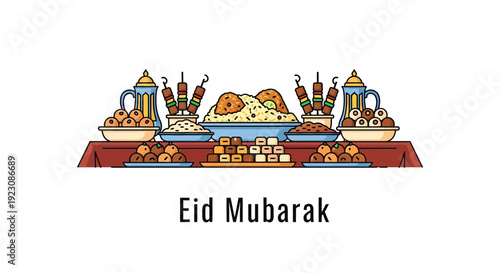 Traditional Eid Mubarak Feast with Various Delicious Foods and Drinks on a Table, isolated white background.