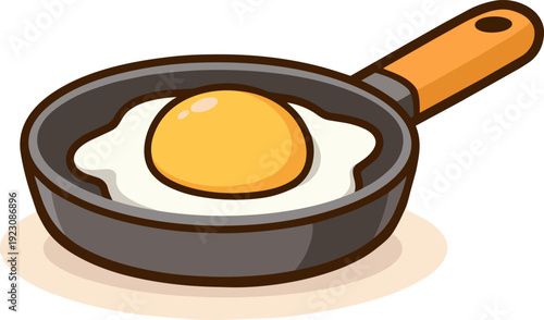 illustration of a fried egg in a frying pan. The egg has a bright yellow yolk and is surrounded by white egg whites.
