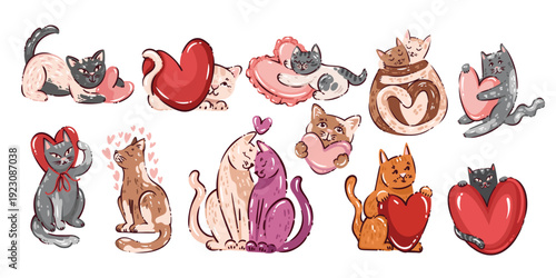Cute cats collection with red and pink hearts. Kittens hugging, sitting and cuddling in romantic poses with curved tails and soft fur details. Valentine cat characters, cartoon vector illustration.
