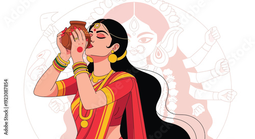 Illustration of a woman in red offering to the goddess durga