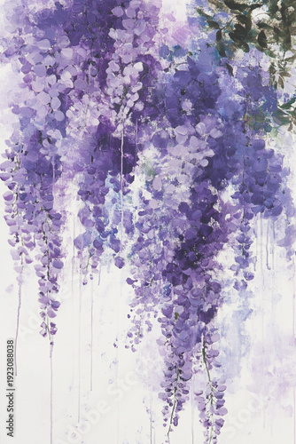 Beautiful wisteria blossoms. Flowing, cascading shapes in shades of lavender, violet, and soft lilac. Watercolor illustration.