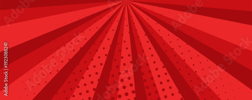 Bright red comic book sunburst background with radial rays and halftone dot pop art effect. vector illustration