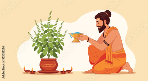 A hindu monk offering water to a tulsi plant in prayer