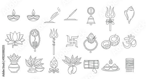 Collection of hindu religious symbols and ritual objects in line art