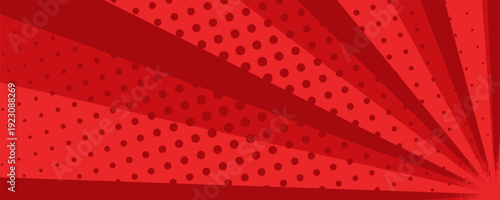 Bright red comic book sunburst background with radial rays and halftone dot pop art effect. vector illustration