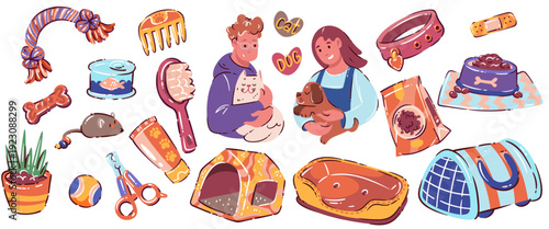 Pet care cartoon doodle set with dogs and cats, owners holding pets, food bowls, toys, collars, beds, carriers, brushes, scissors and shampoo bottles. Cute pet care elements, vector illustration.