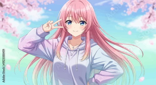 Anime Girl with Pink Hair and Hoodie.