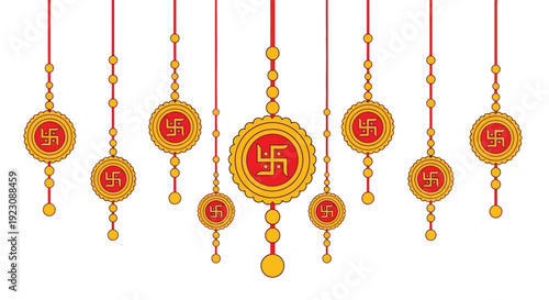 Golden swastika ornaments hanging on red threads against a white background
