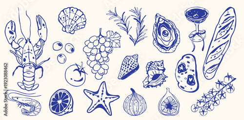 Hand-drawn Mediterranean seafood and food set in Dolce vita style. Lobster, oysters, shrimp, bread, grapes, lemon and herbs in doodle outline sketch. Italian cuisine vector illustration isolated.