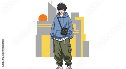 Anime Style Male Character Standing City Background.