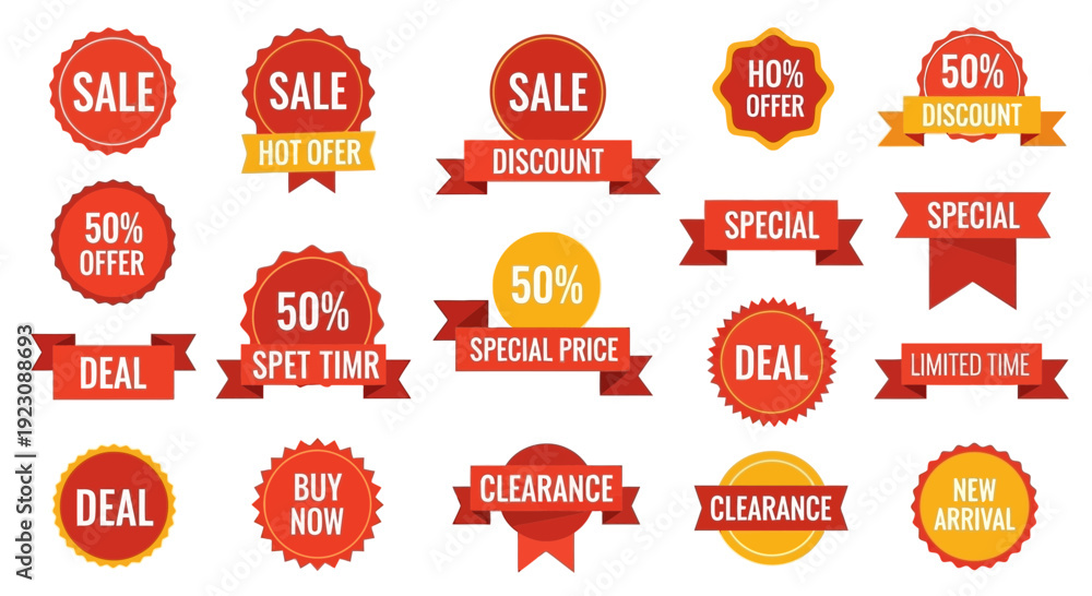 Obraz premium Collection of red and yellow sale badges for promotional advertising
