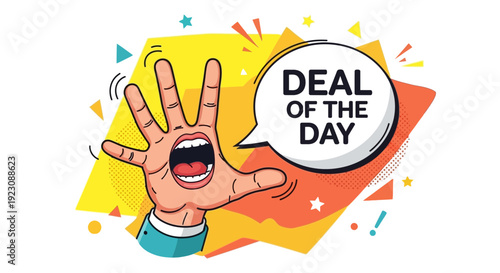Cartoon hand with deal announcement on speech bubble vector illustration