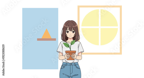Woman Holding Coffee Cup and Plant.