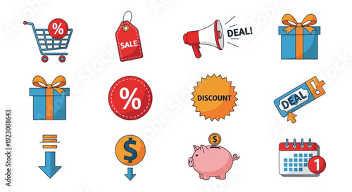 Cartoon shopping cart gifts sale tags and promotional icons set